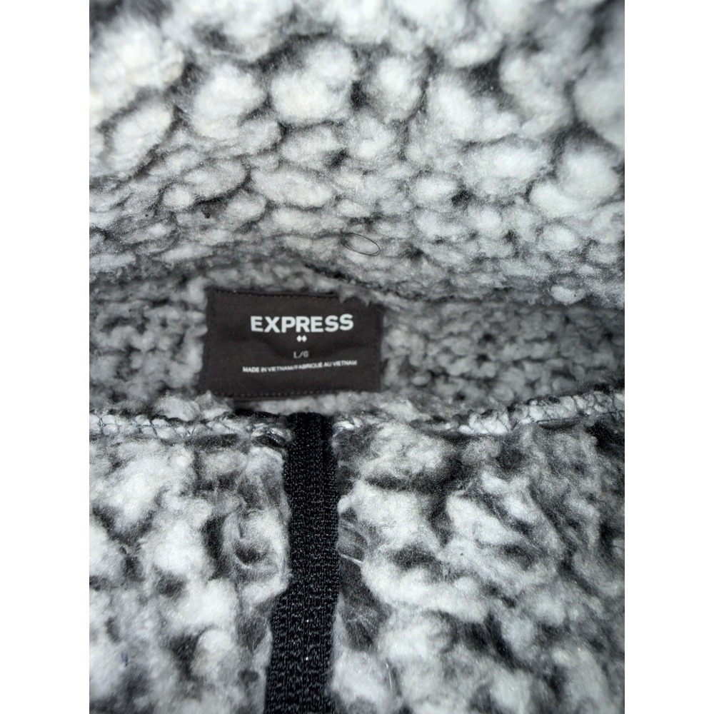 Express Sherpa Fleece Jacket Womens Large Black White Full Zip Mock Outerwear - Picture 2 of 2